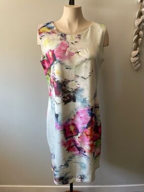 Smashed Lemon Floral Sheath Dress Watercolor Abstract Business Casual Size 14